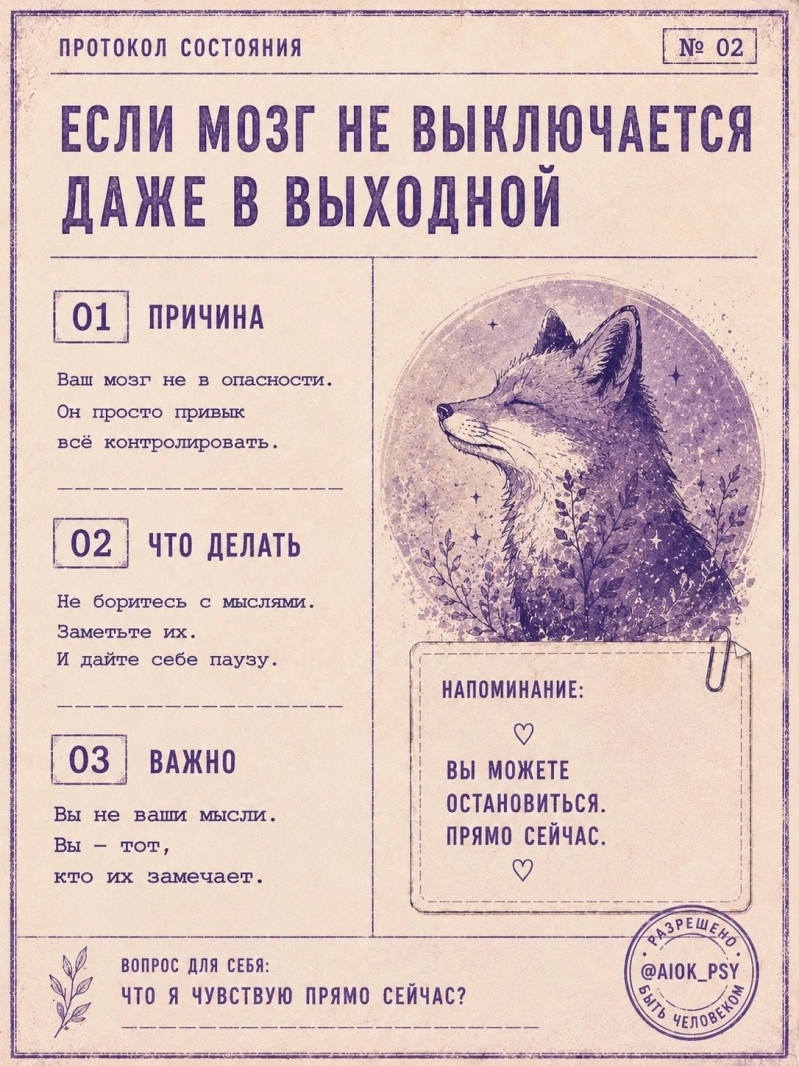 ПРОТОКОЛ СОСТОЯНИЯ

Если ваш мозг не выключается даже в...